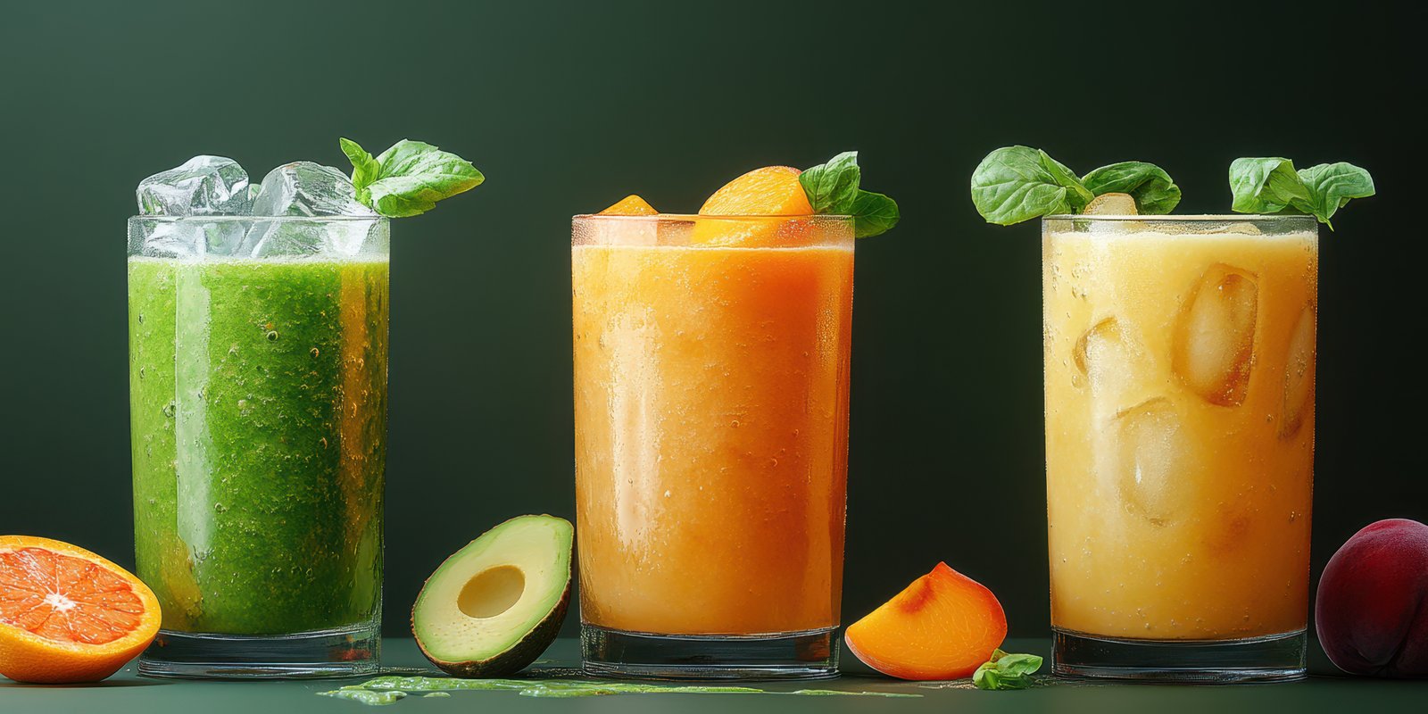Refreshing fruit smoothies served in clear glasses with fresh ingredients and vibrant colors on a dark background